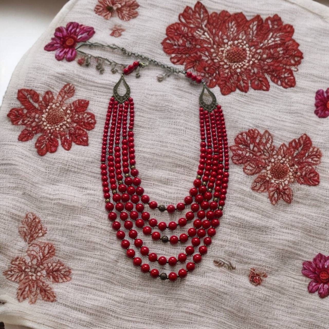 Ukrainian Traditional Pressed Coral Necklace - Ethnic Christmas Jewelry