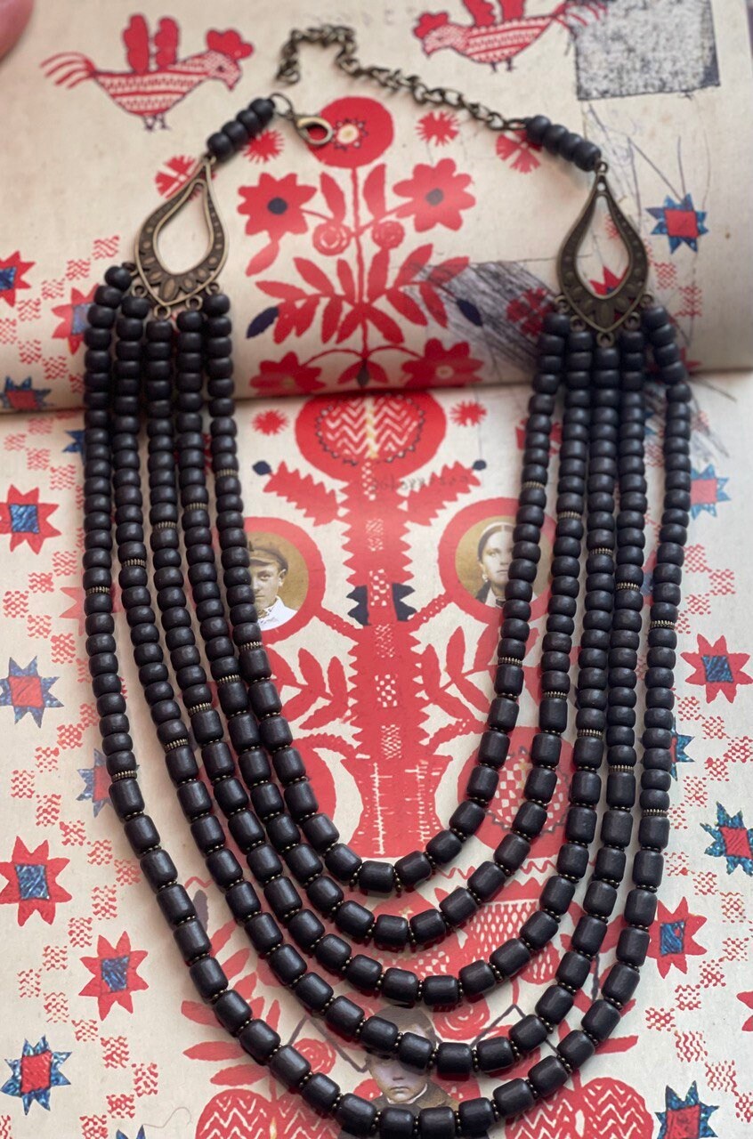 Black Ukrainian Traditional Handmade Ceramic Necklace with Antique Fireplace Beads