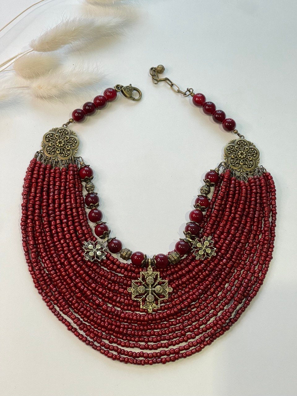 Ukrainian Traditional Necklace - Ethnic Jewelry with Glass Beads & Bronze Accents