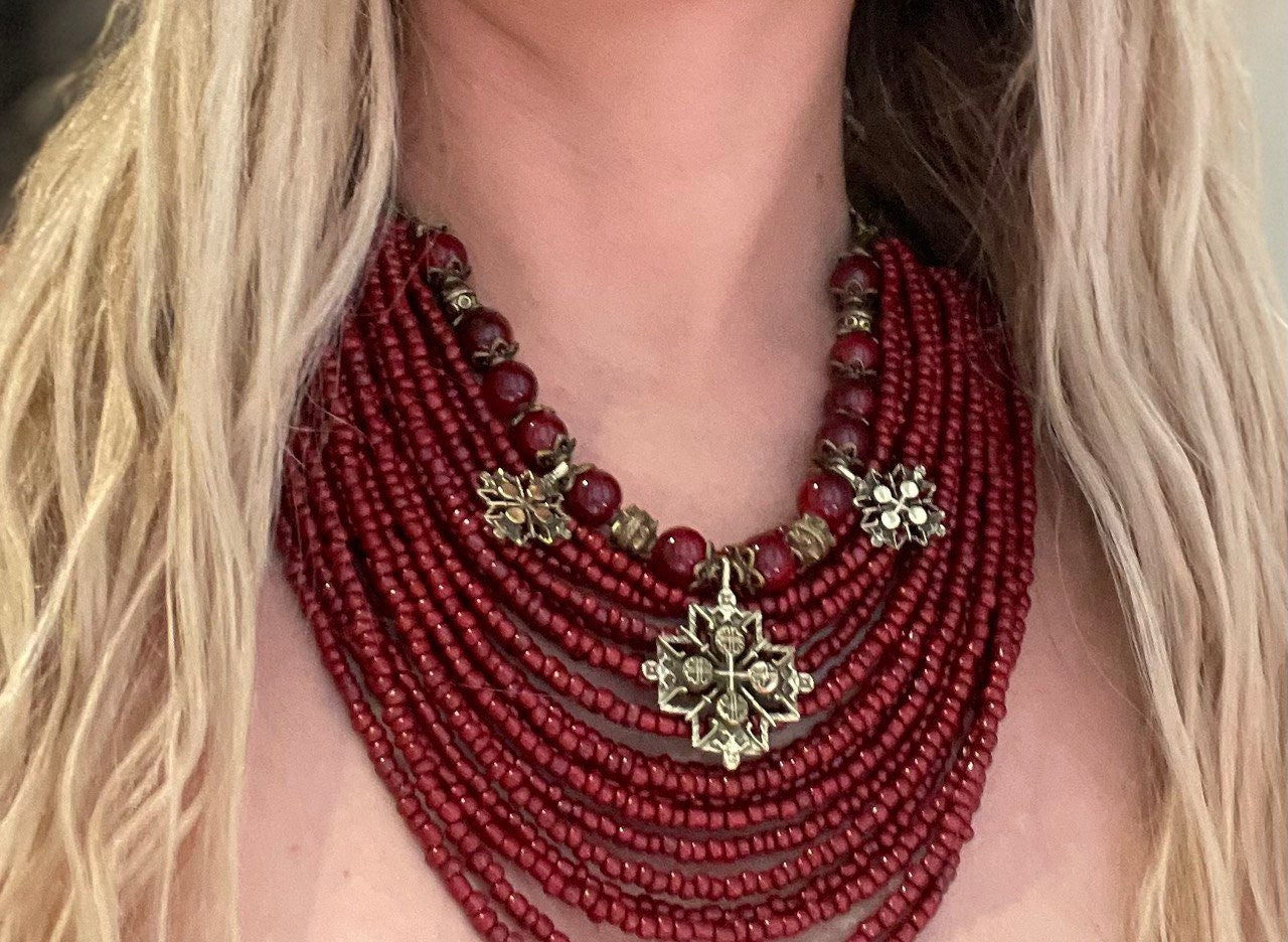Ukrainian Traditional Necklace - Ethnic Jewelry with Glass Beads & Bronze Accents