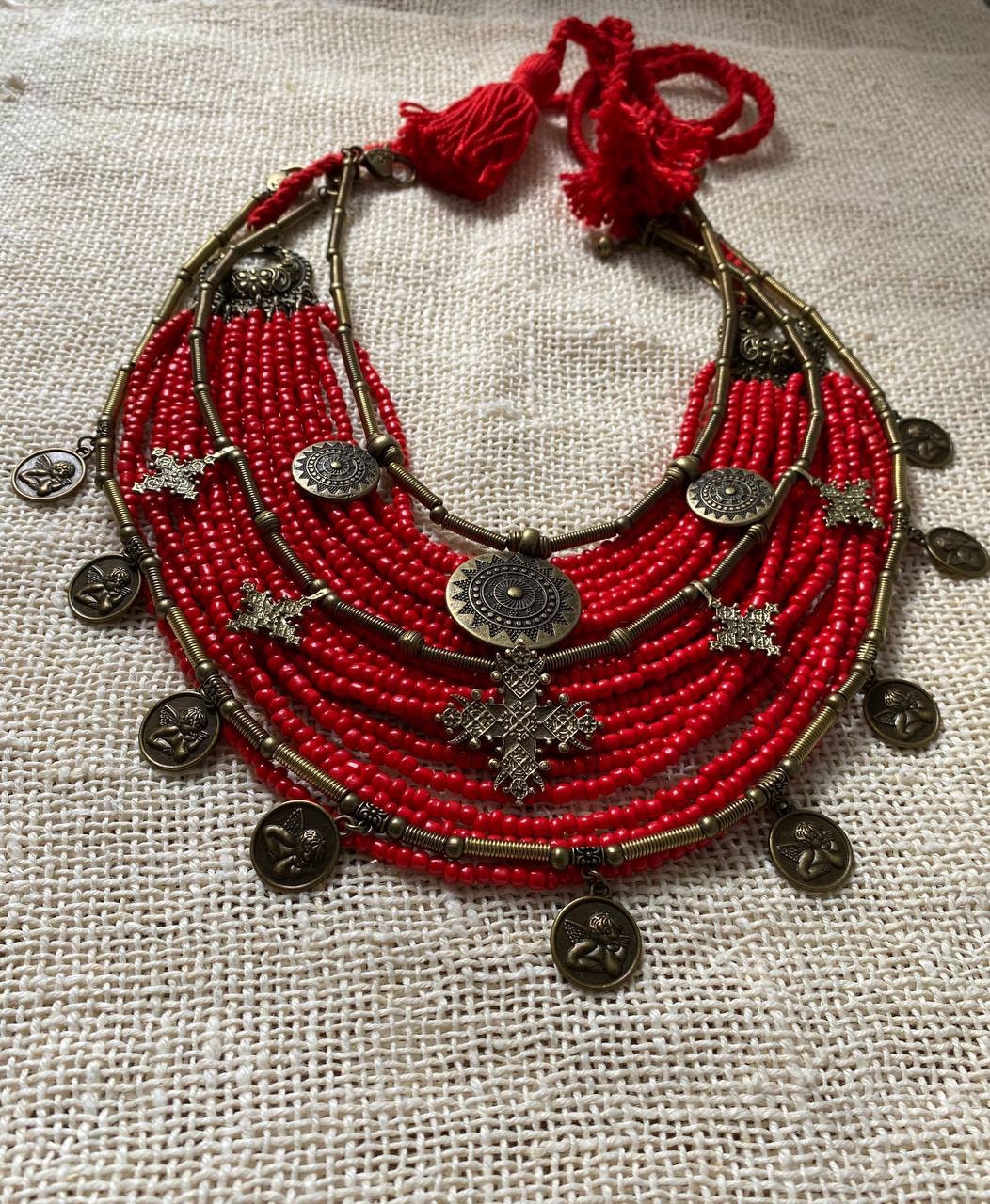 Ethnic Ukrainian Metal & Beaded Cross Necklace Set - Traditional Brass Jewelry for Mom