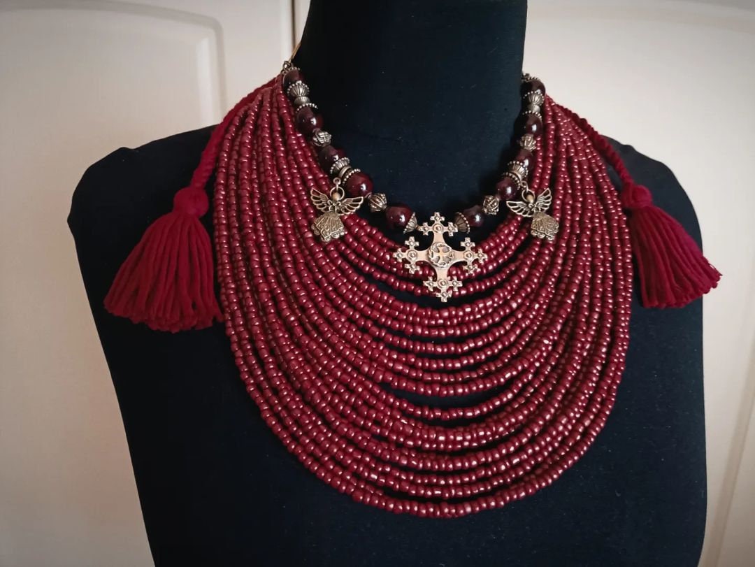 Red Ukrainian Traditional Multirow Necklace with Antique Glass Beads