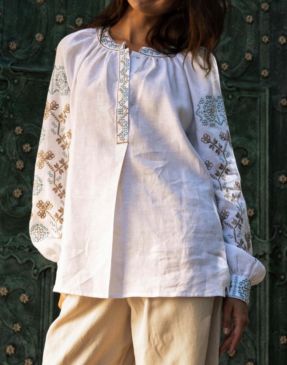 Embroidered Poltava Vyshyvanka Blouse - White Linen Women's Top