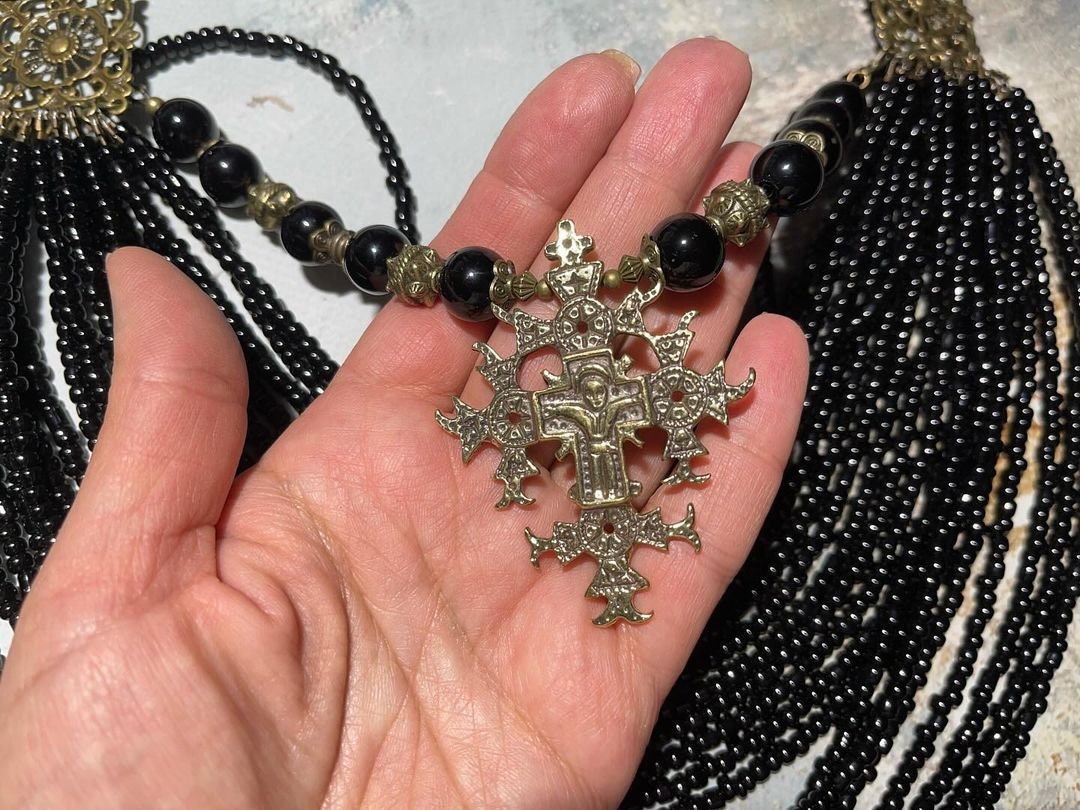 2025 Black Ukrainian Traditional necklace Jewelry Ethnic Multirow Necklace of antique glass beads with contempt Gift for HerMOTHERS DAY