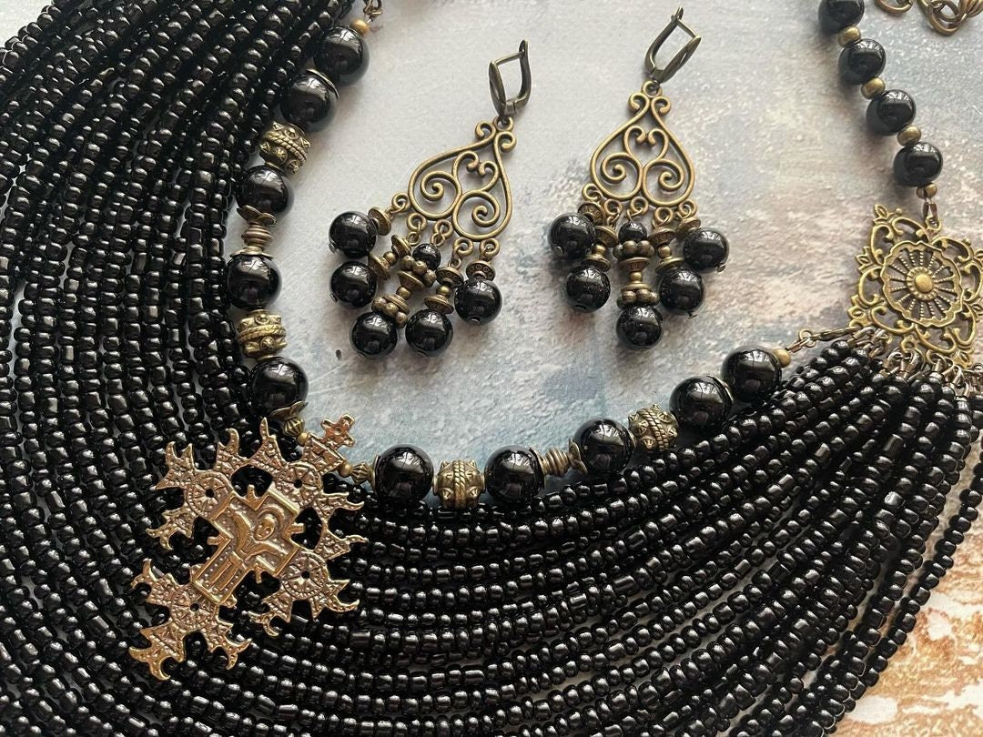 2025 Black Ukrainian Traditional necklace Jewelry Ethnic Multirow Necklace of antique glass beads with contempt Gift for HerMOTHERS DAY