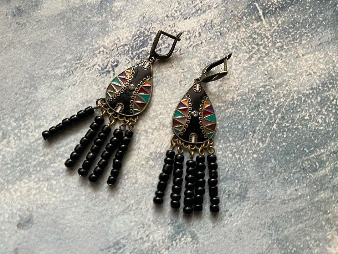 Black Ukrainian Traditional necklace Jewelry Ethnic Multirow Necklace of antique glass beads with contempt Gift for HerMOTHERS DAY