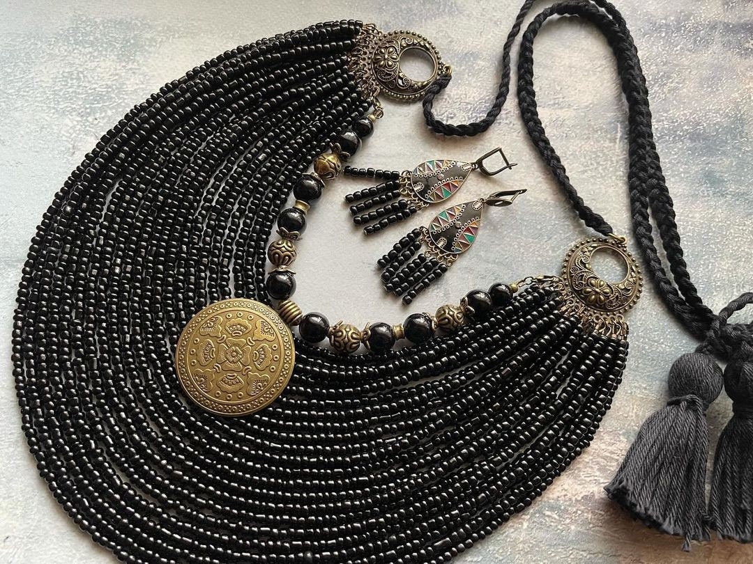 Black Ukrainian Traditional necklace Jewelry Ethnic Multirow Necklace of antique glass beads with contempt Gift for HerMOTHERS DAY