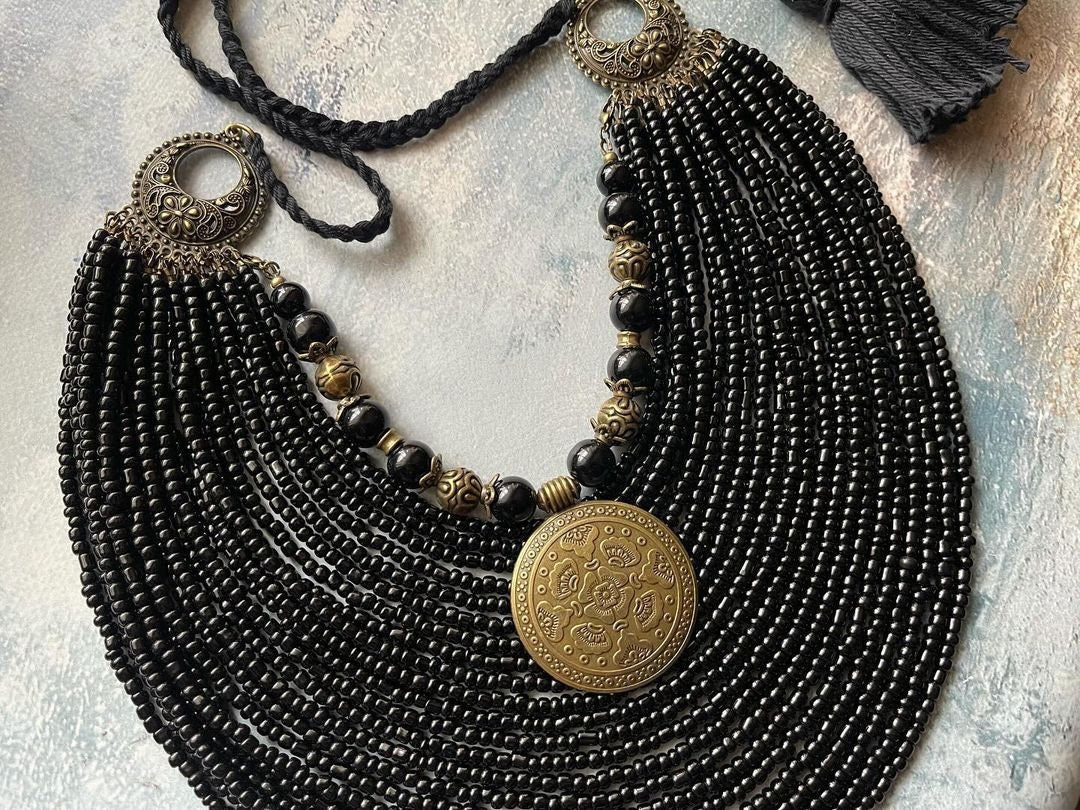 Black Ukrainian Traditional necklace Jewelry Ethnic Multirow Necklace of antique glass beads with contempt Gift for HerMOTHERS DAY
