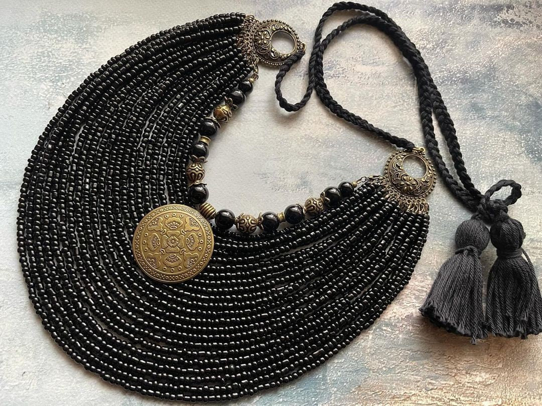 Black Ukrainian Traditional necklace Jewelry Ethnic Multirow Necklace of antique glass beads with contempt Gift for HerMOTHERS DAY