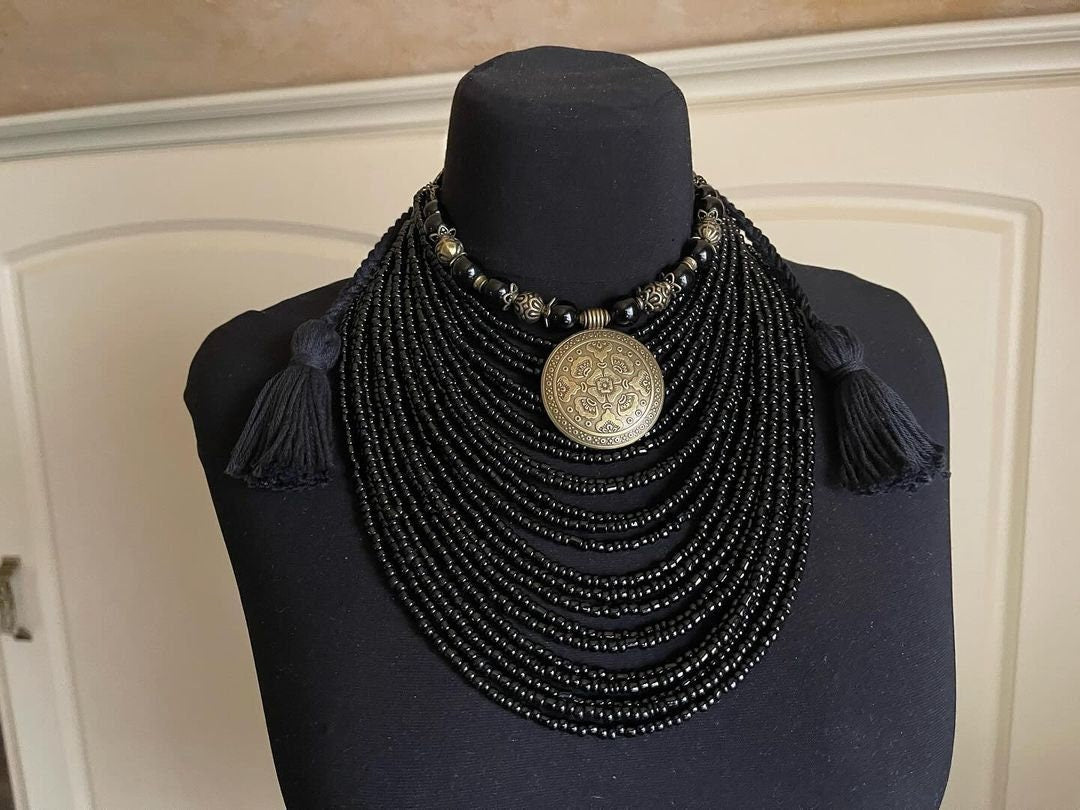 Black Ukrainian Traditional necklace Jewelry Ethnic Multirow Necklace of antique glass beads with contempt Gift for HerMOTHERS DAY
