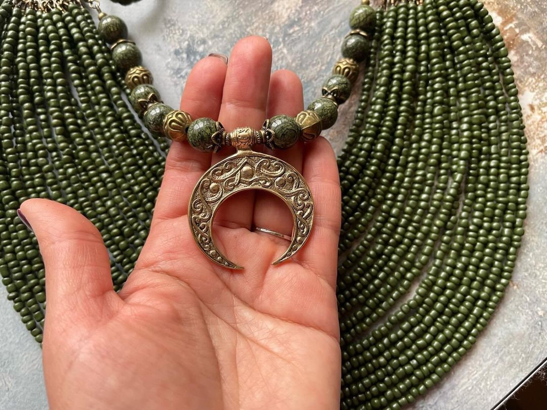 2025 Green Ukrainian Traditional Multirow Necklace | Ethnic Antique Glass Beads Jewelry for Mother's Day