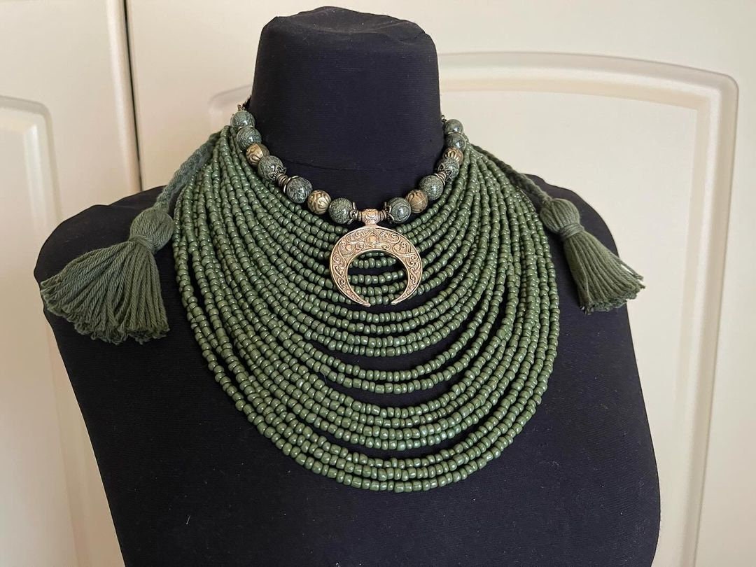 2025 Green Ukrainian Traditional Multirow Necklace | Ethnic Antique Glass Beads Jewelry for Mother's Day