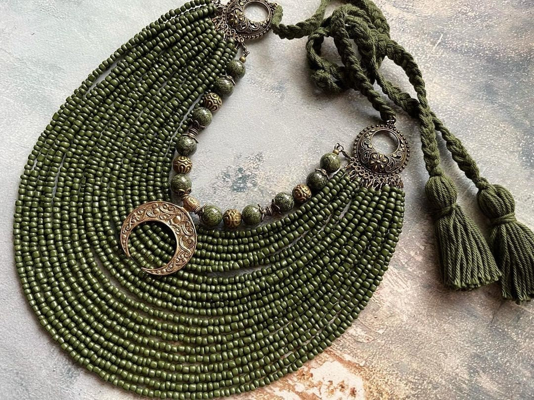 2025 Green Ukrainian Traditional Multirow Necklace | Ethnic Antique Glass Beads Jewelry for Mother's Day