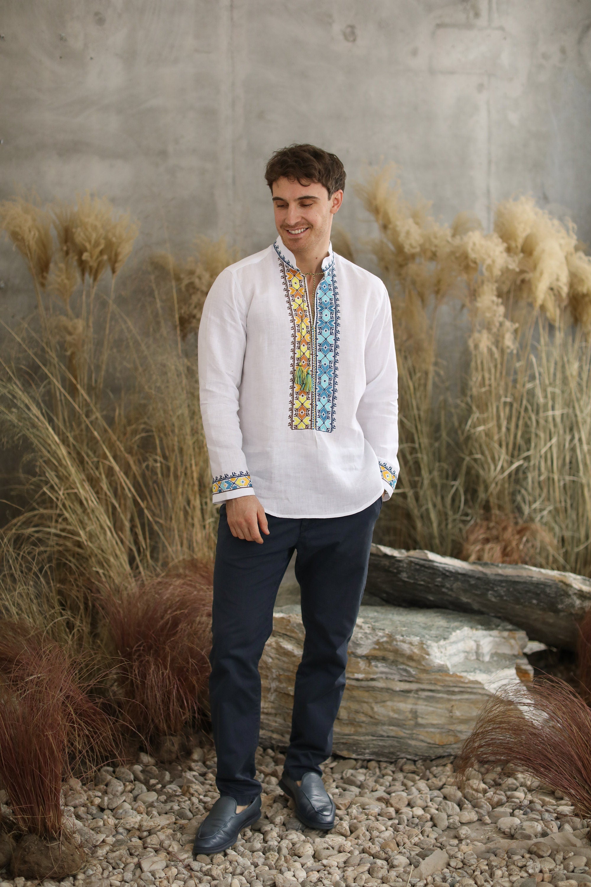 White Ukrainian Linen Embroidered Shirt for Men