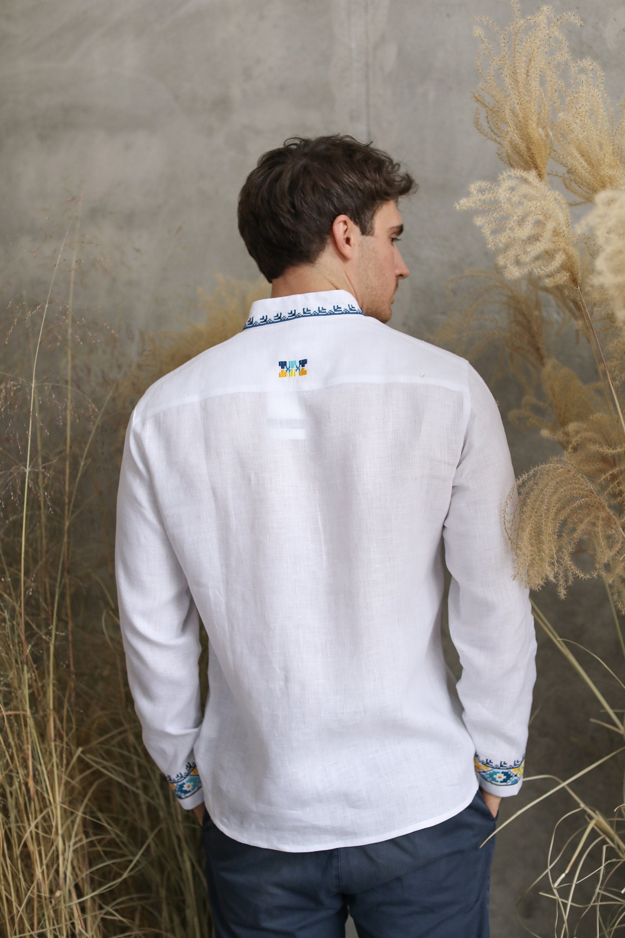 White Ukrainian Linen Embroidered Shirt for Men