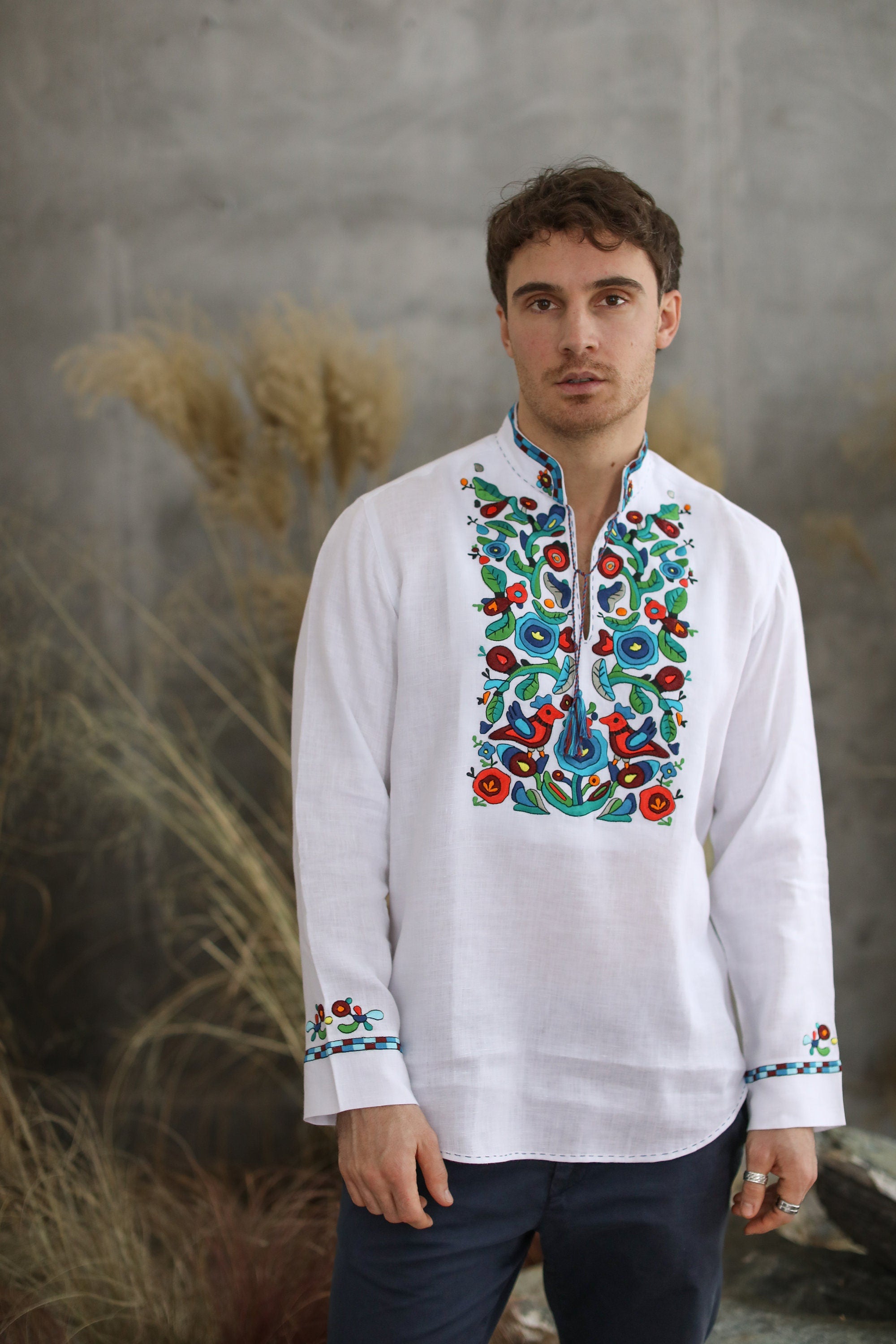 Men's White Linen Ukrainian Vyshyvanka Shirt - Traditional Embroidered Apparel for Easter