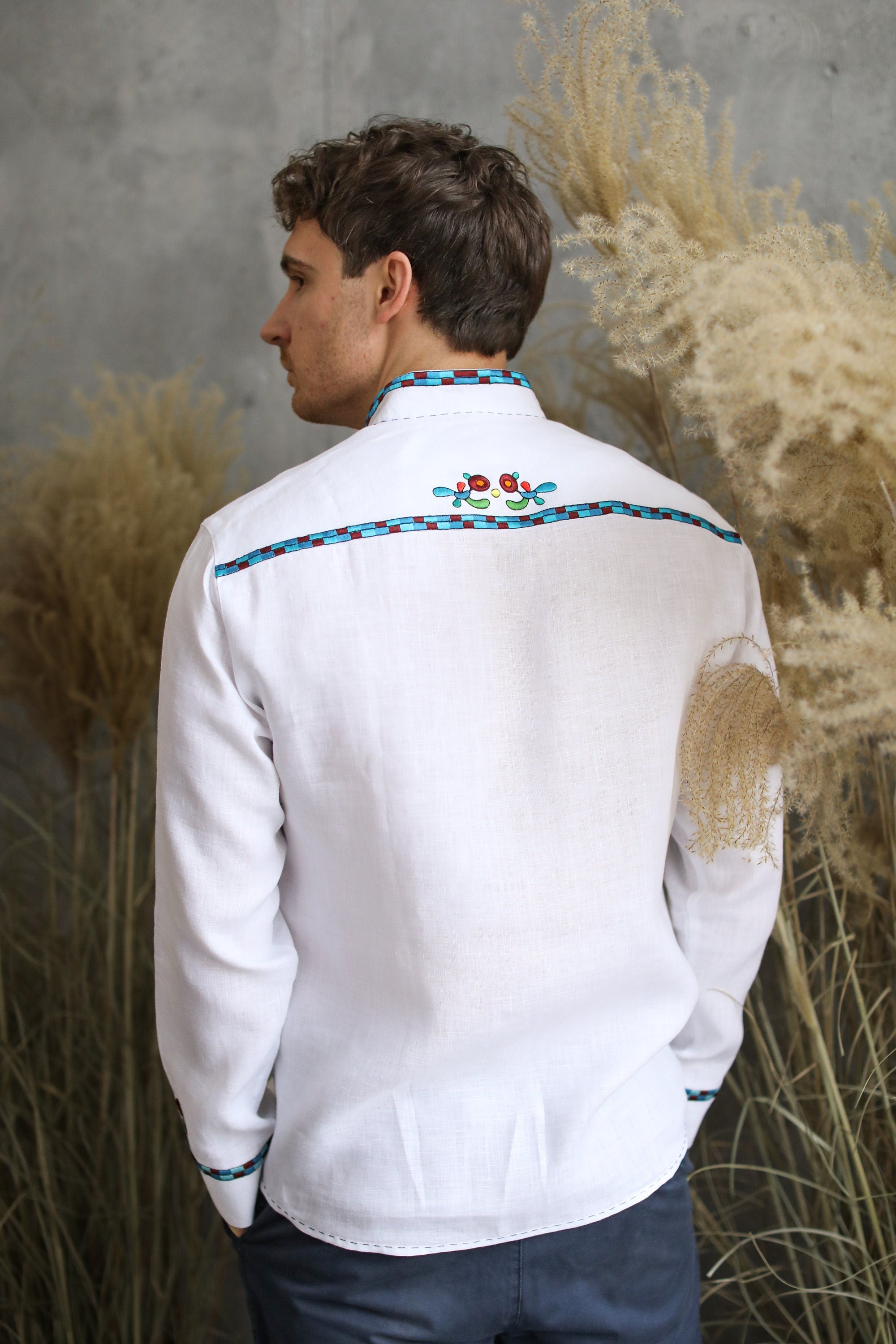 Men's White Linen Ukrainian Vyshyvanka Shirt - Traditional Embroidered Apparel for Easter