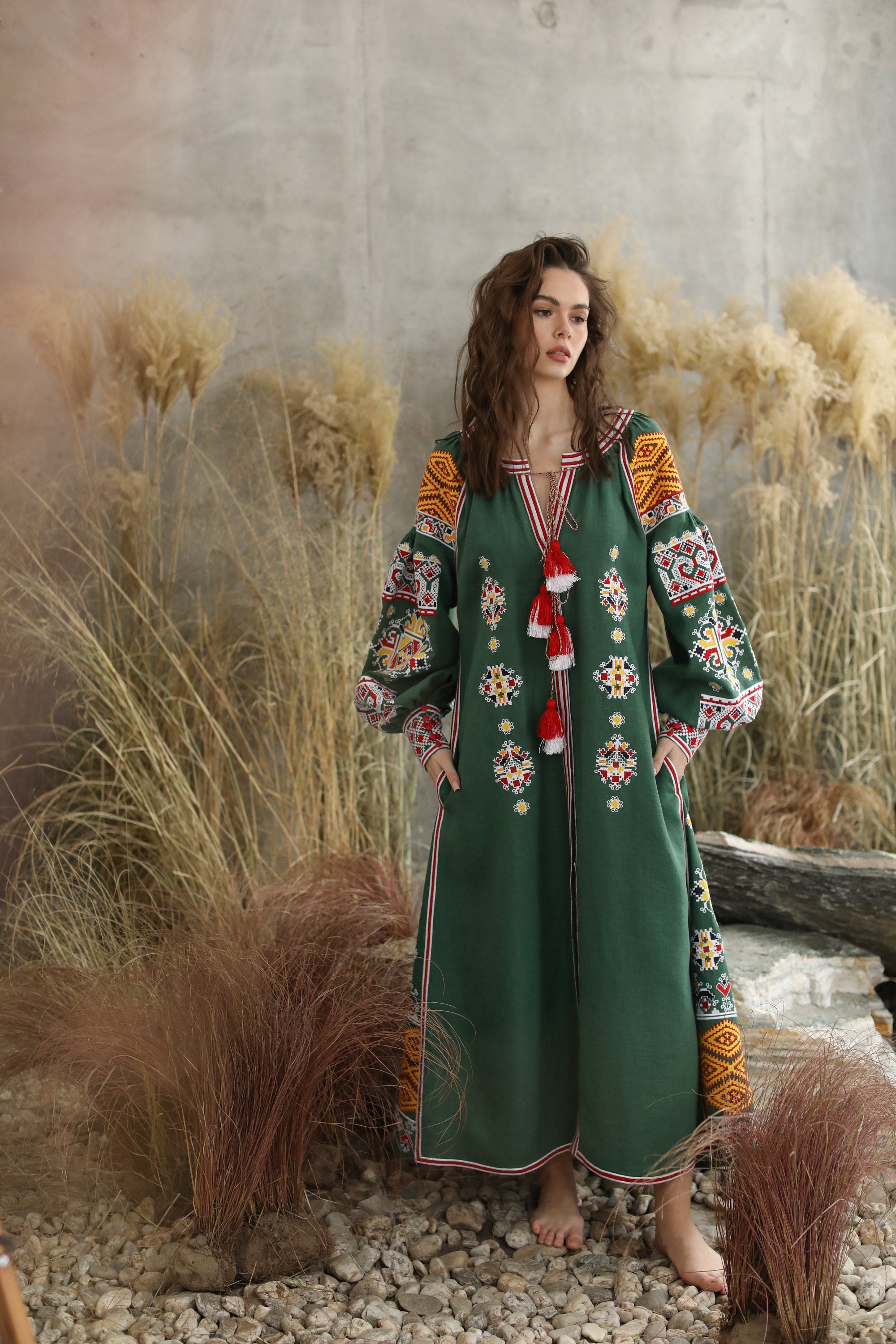 Green Linen Embroidered Wedding Dress - Ukrainian Mexicana Vyshyvanka Boho Style