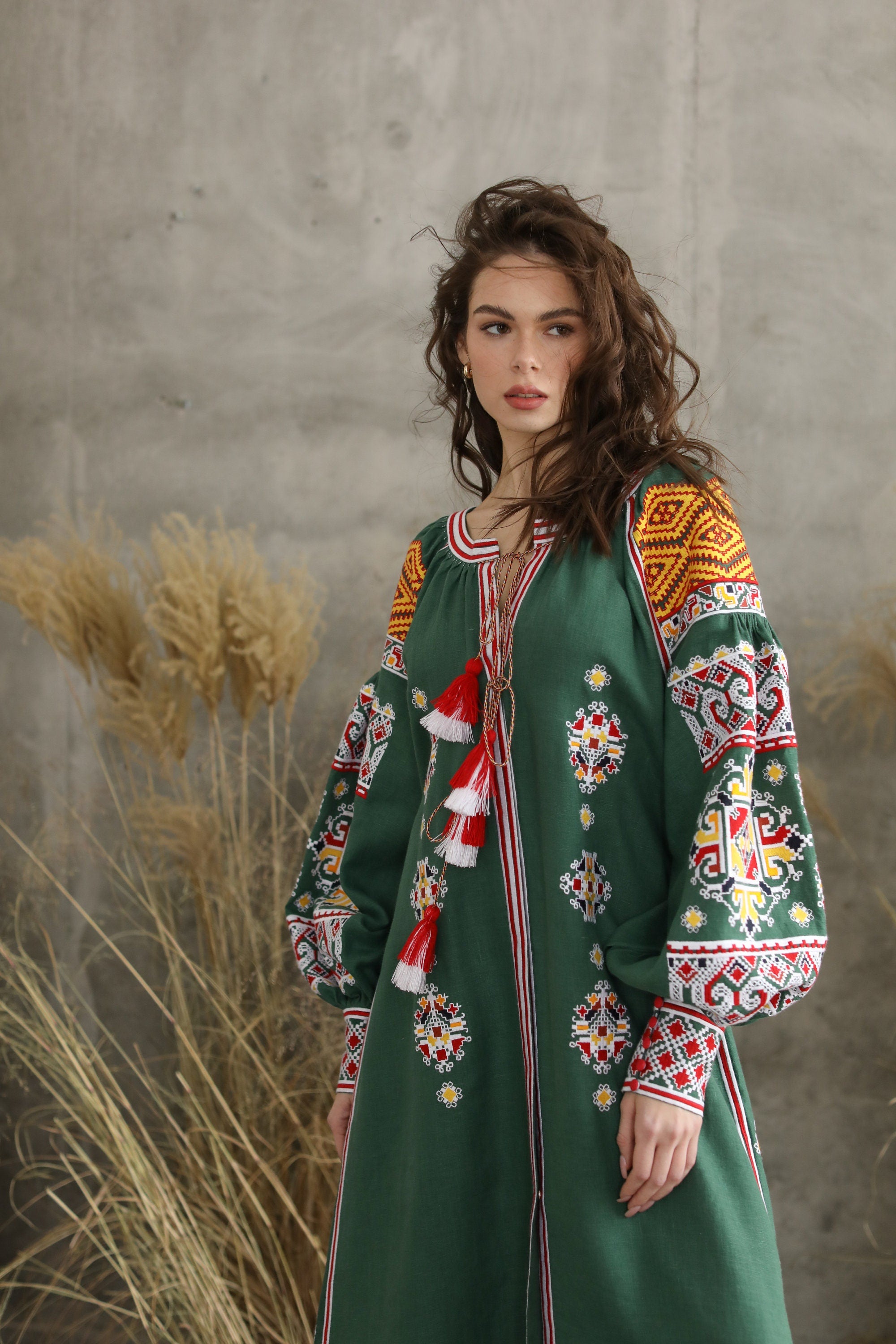 Green Linen Embroidered Wedding Dress - Ukrainian Mexicana Vyshyvanka Boho Style