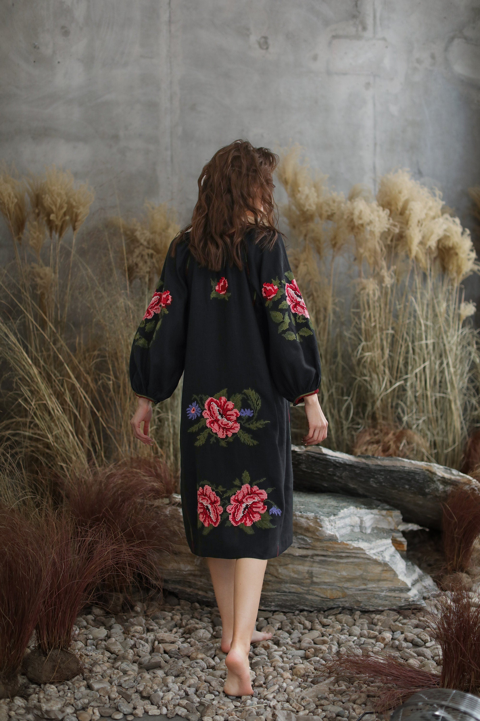 Ukrainian Vyshyvanka Black Floral Embroidered Dress - Bohemian Ethnic Style