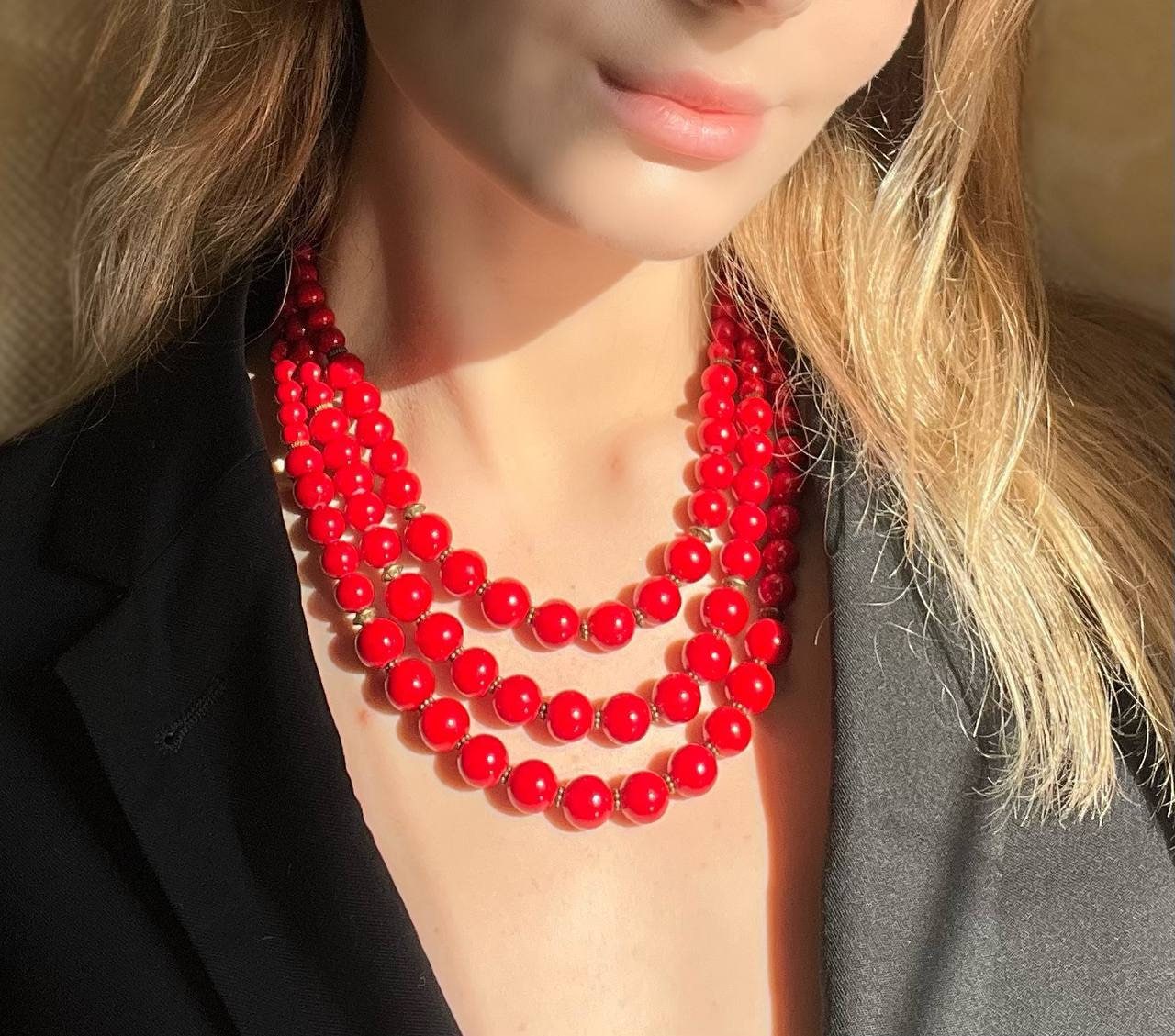 Red Pressed Coral Ethnic Necklace Ukrainian Traditional