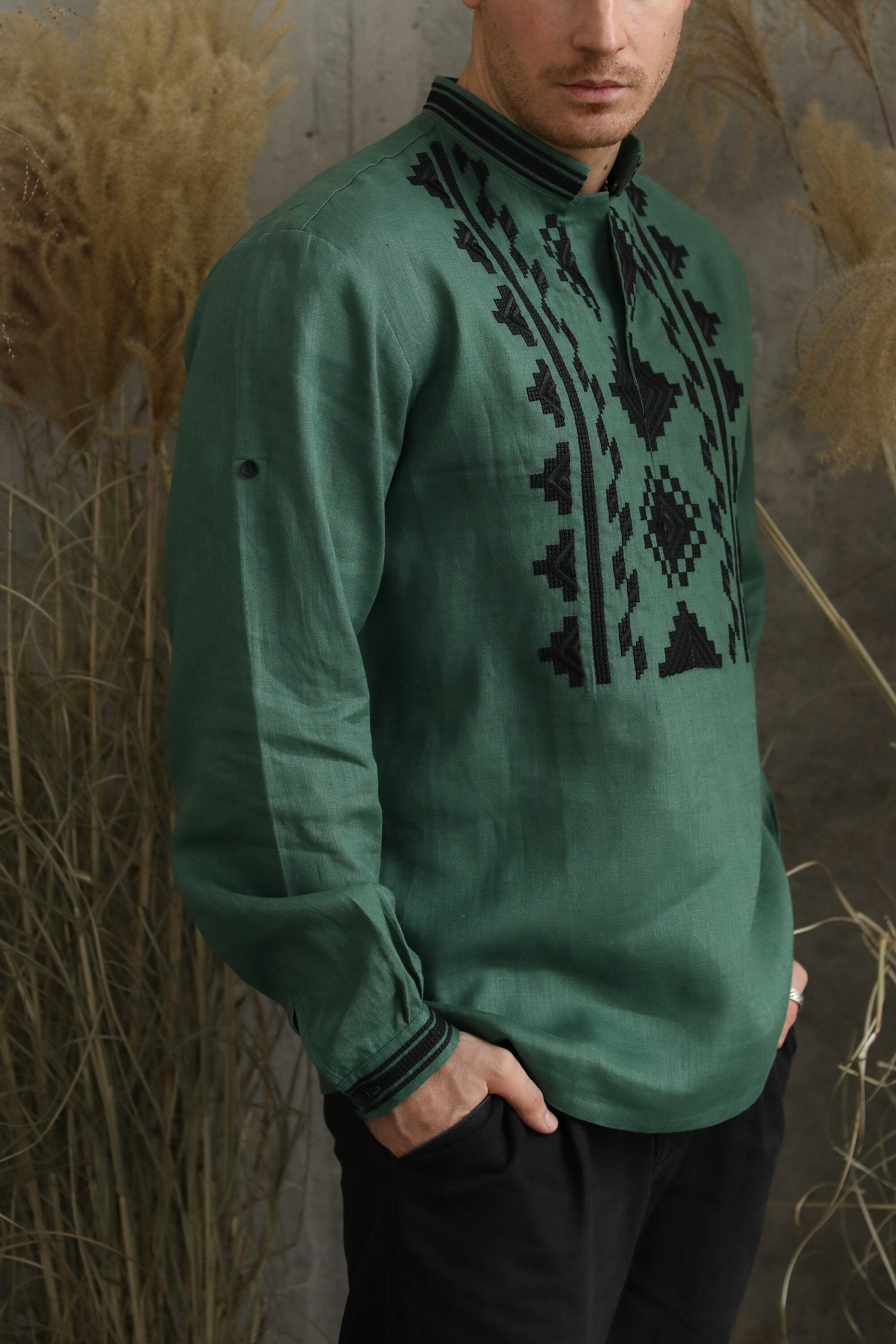 Men's Embroidered Green Ukrainian Shirt - Traditional Design