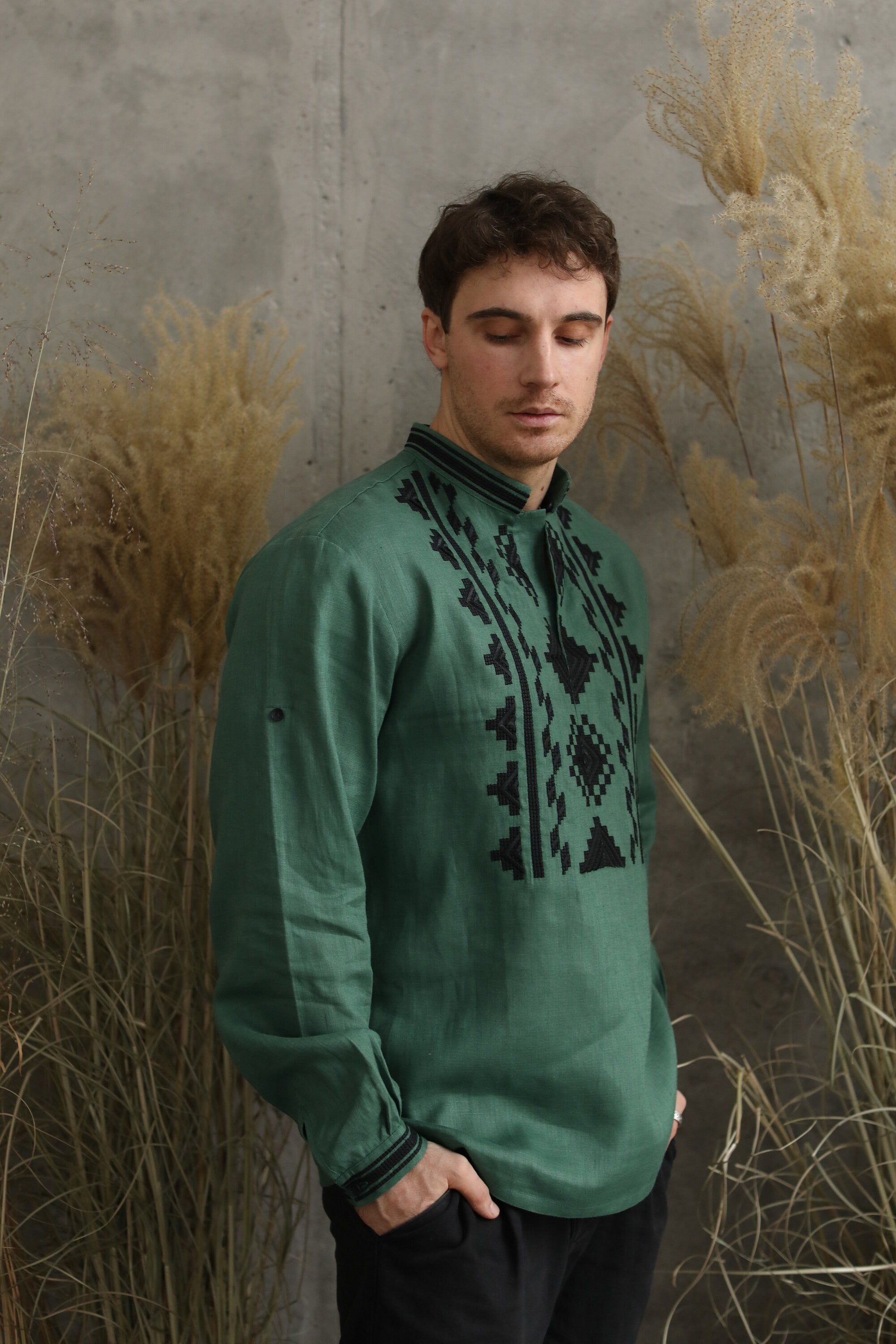 Men's Embroidered Green Ukrainian Shirt - Traditional Design