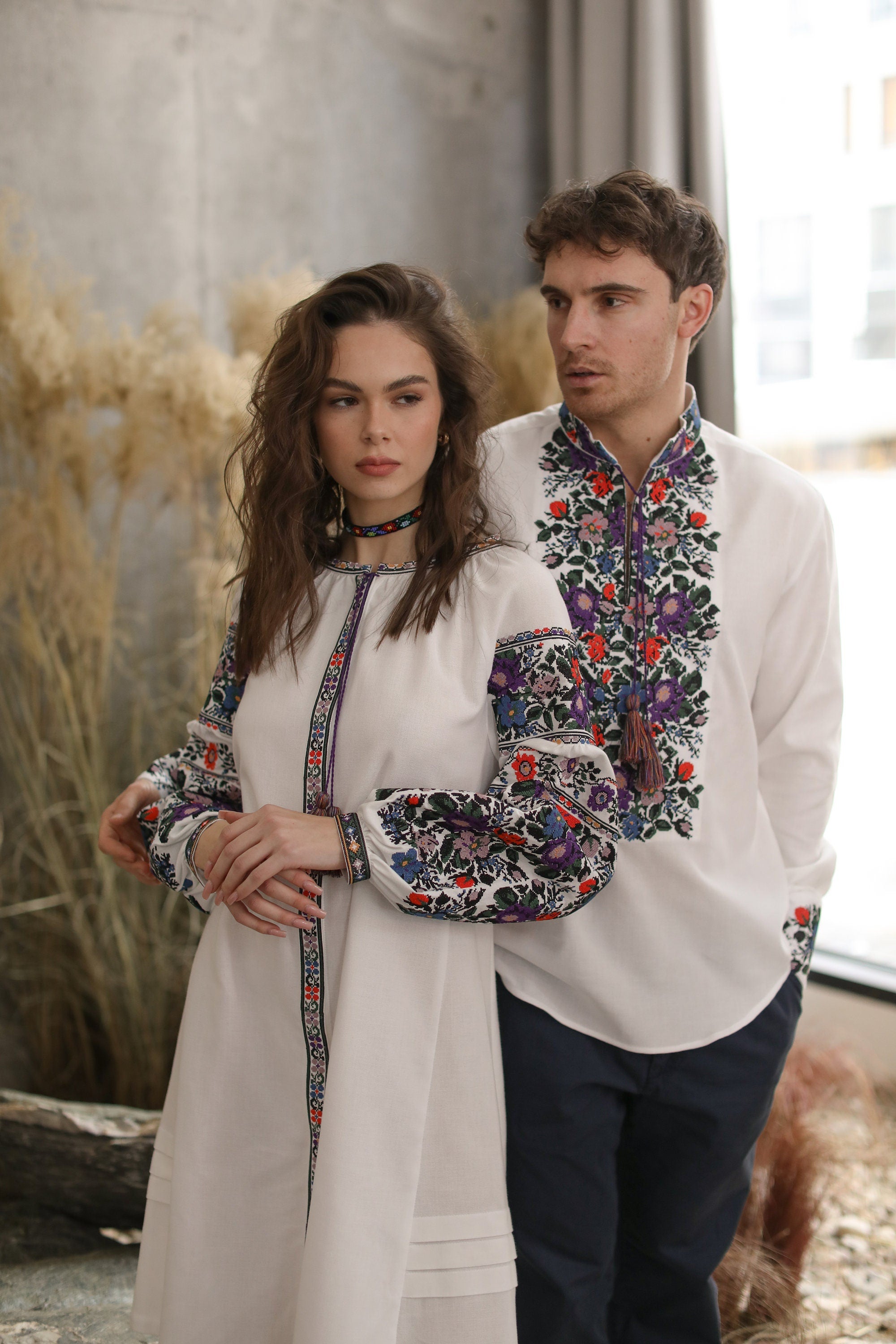 Family Look White Ukrainian Embroidered Linen Dress & Men's Shirt - Stylish Boho Wedding Attire