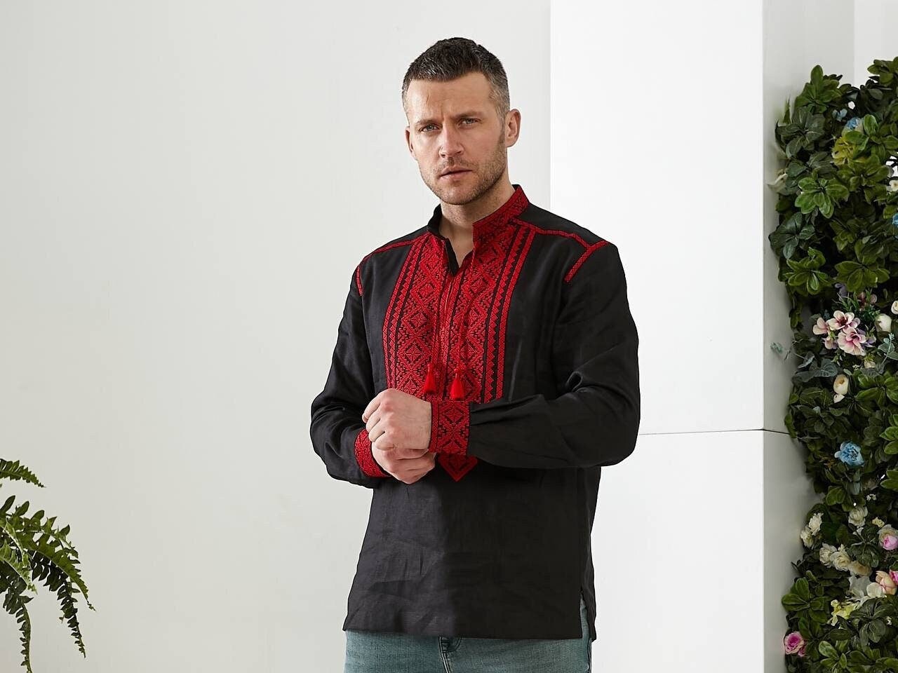 Men's Black Ukrainian Vyshyvanka with Red Embroidery