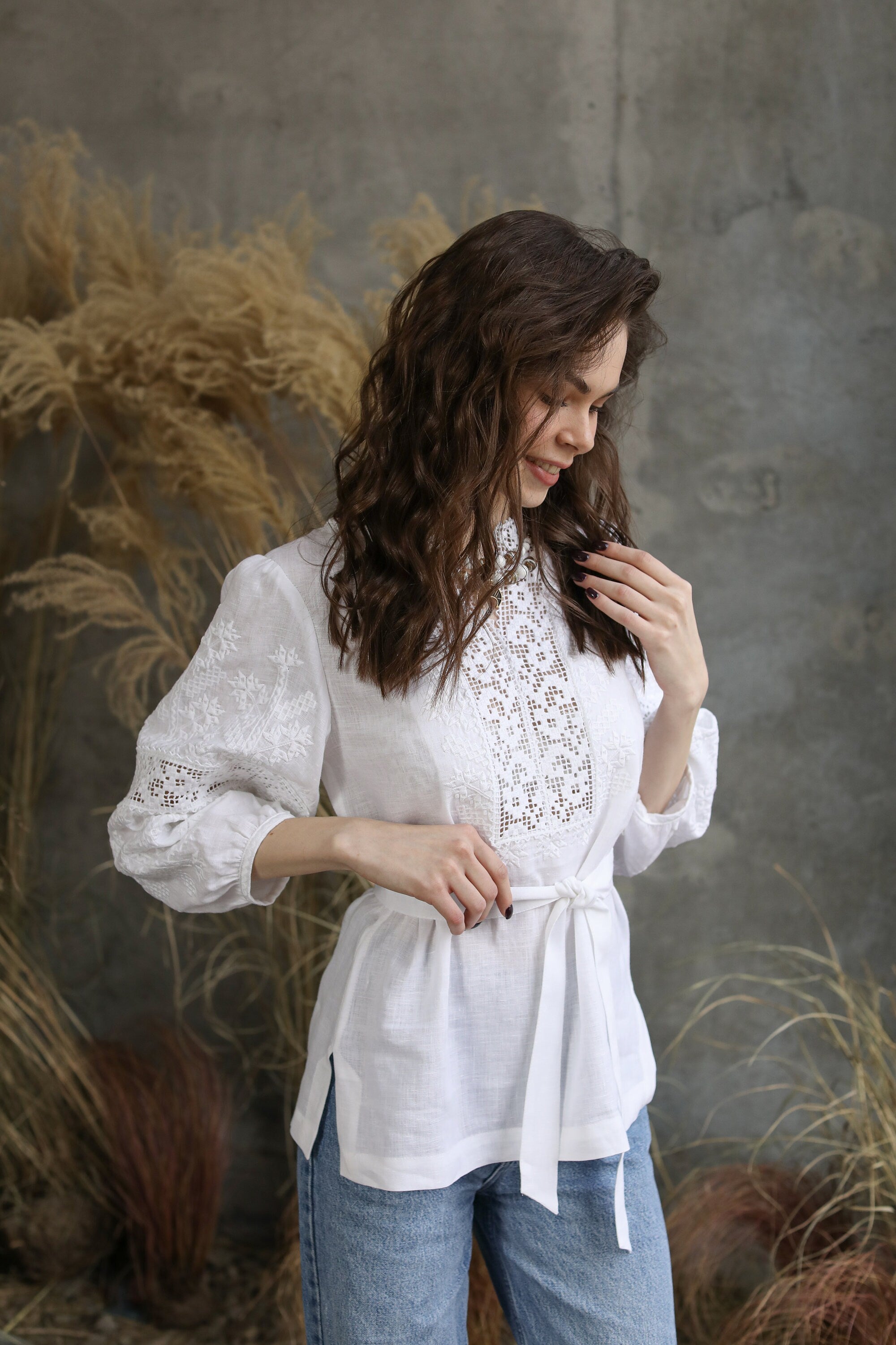 White Embroidered Linen Vyshyvanka Blouse for Women