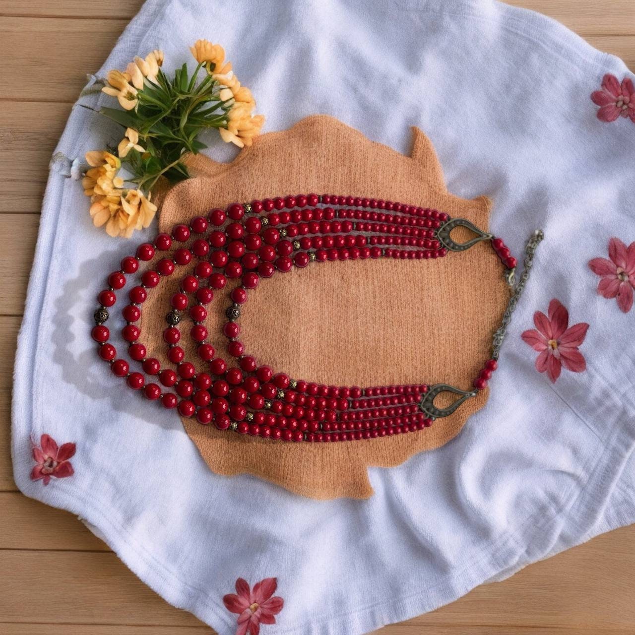Ukrainian Traditional Pressed Coral Necklace - Ethnic Christmas Jewelry
