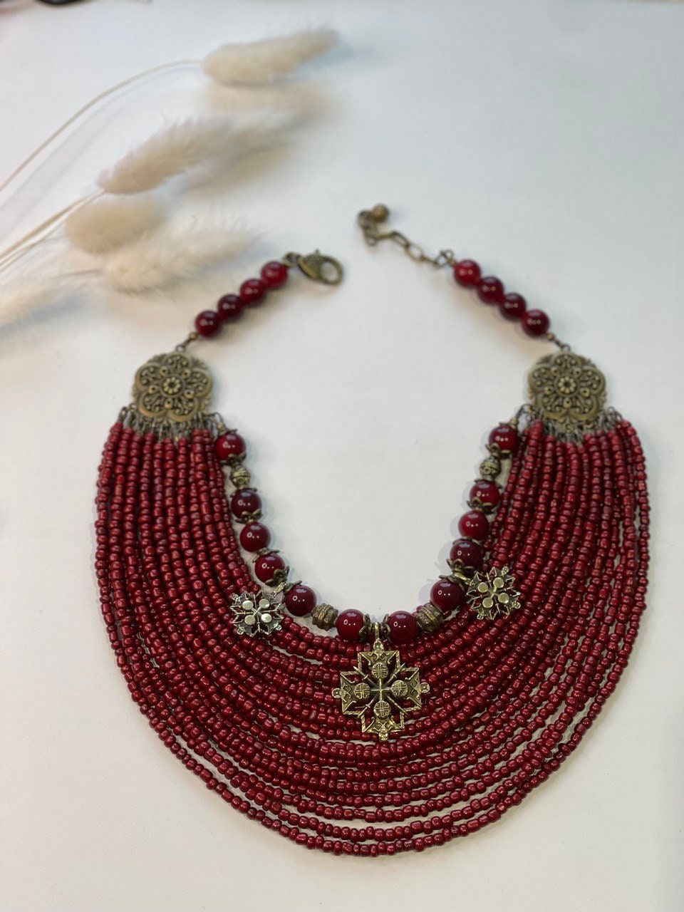 Ukrainian Traditional Necklace - Ethnic Jewelry with Glass Beads & Bronze Accents