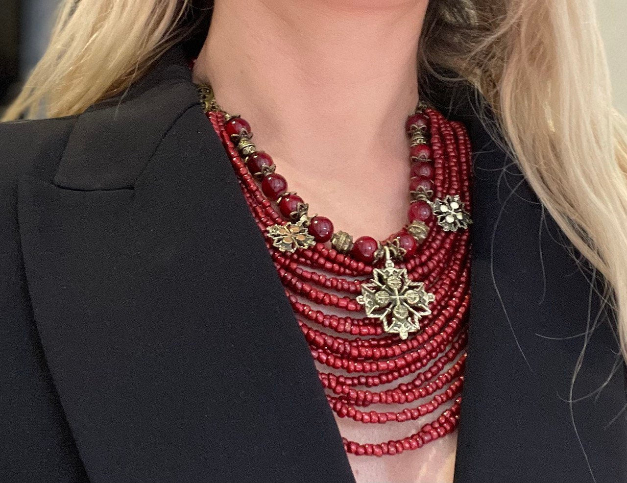 Ukrainian Traditional Necklace - Ethnic Jewelry with Glass Beads & Bronze Accents