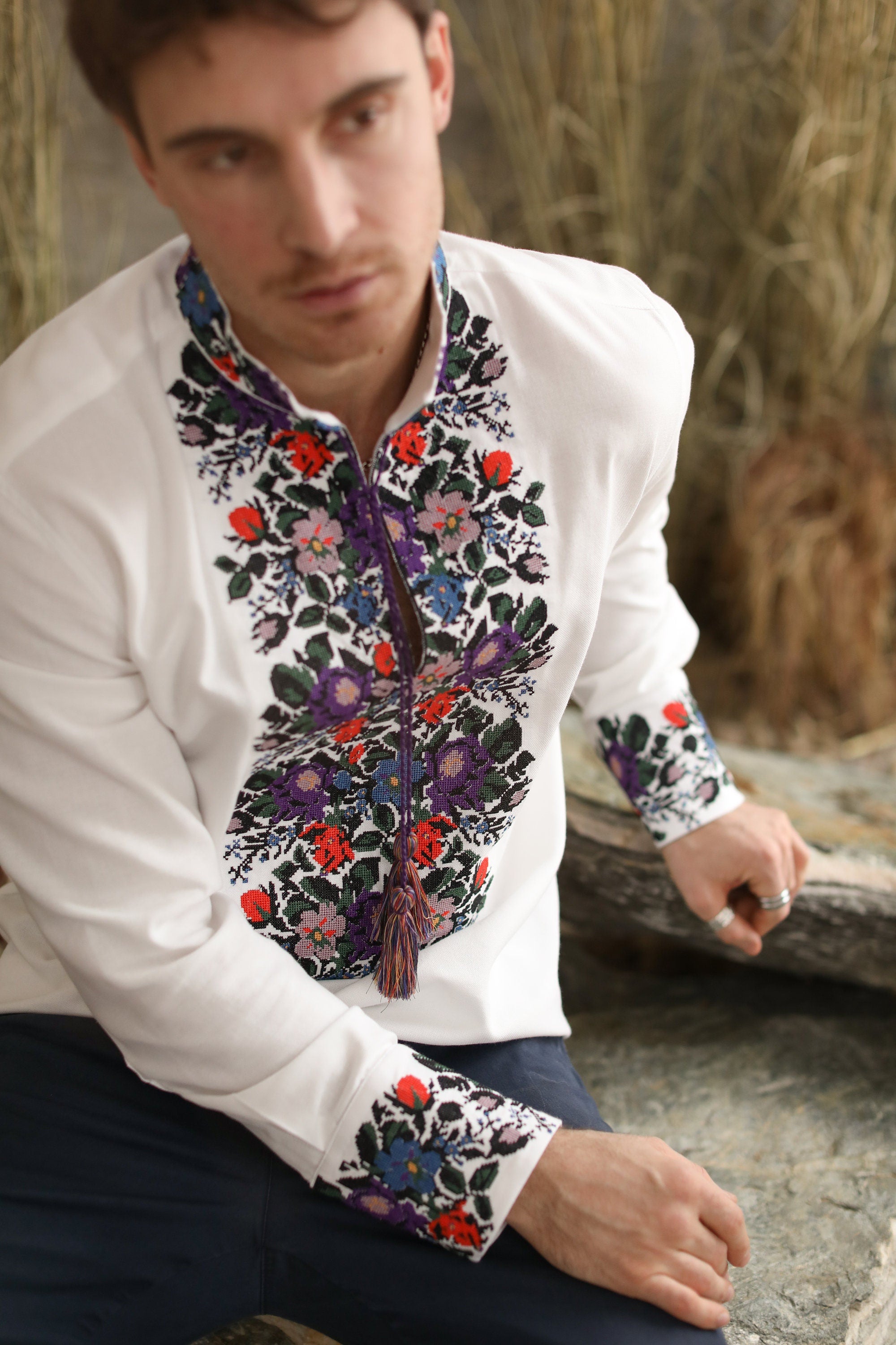 Men's White Ukrainian Embroidered Shirt - Traditional Design