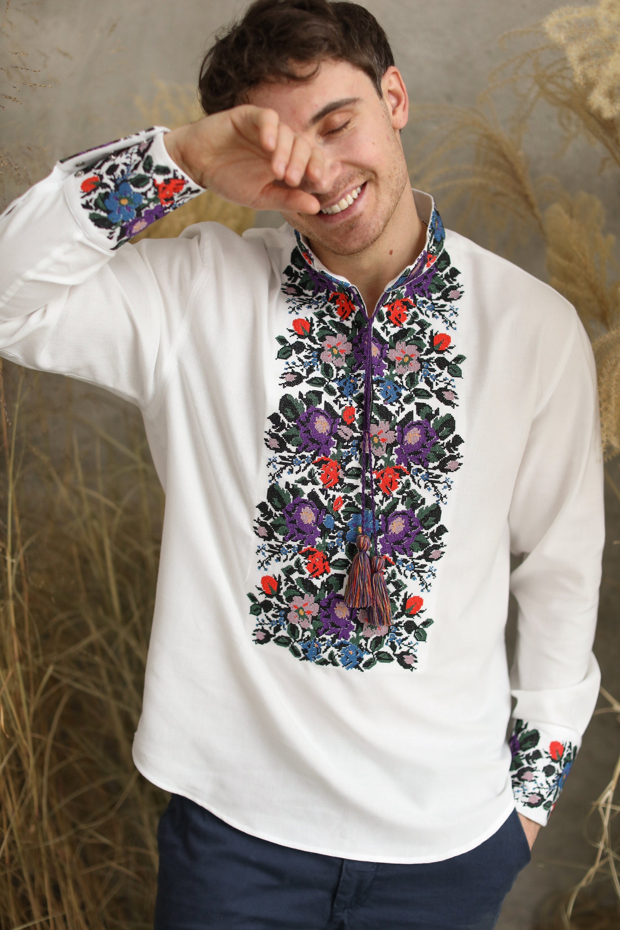 Men's White Ukrainian Embroidered Shirt - Traditional Design