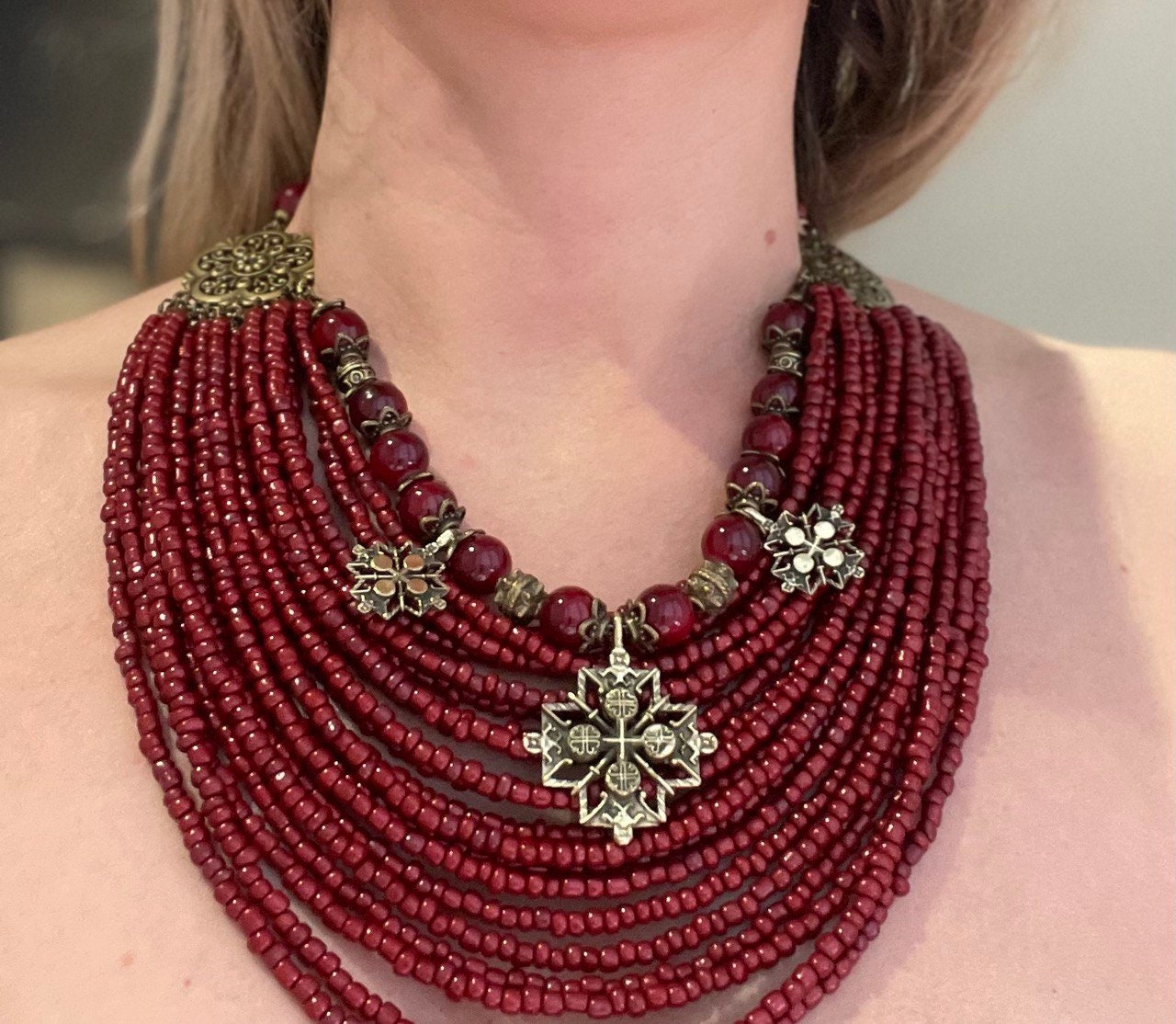 Red Ukrainian Handmade Beaded Necklace for Women