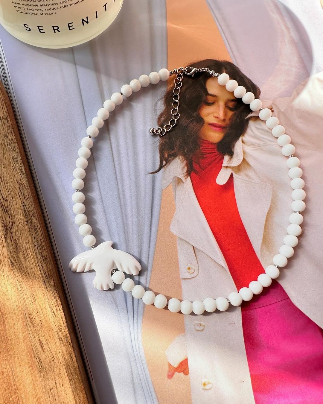2025 Handmade Bird Necklace with White Marble - Ukrainian Jewelry