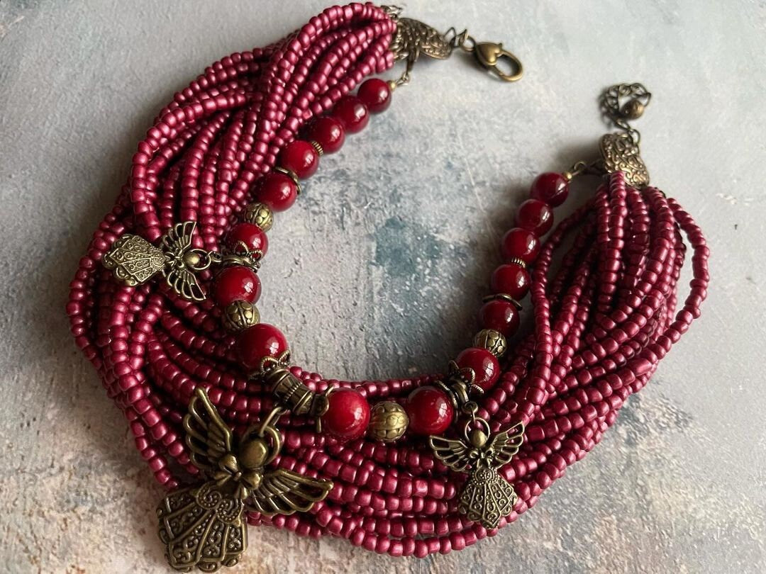 Ukrainian Traditional Multirow Necklace of Antique Glass Beads