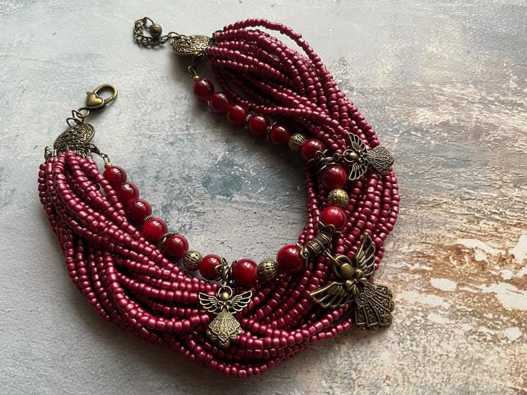 Ukrainian Traditional Multirow Necklace of Antique Glass Beads