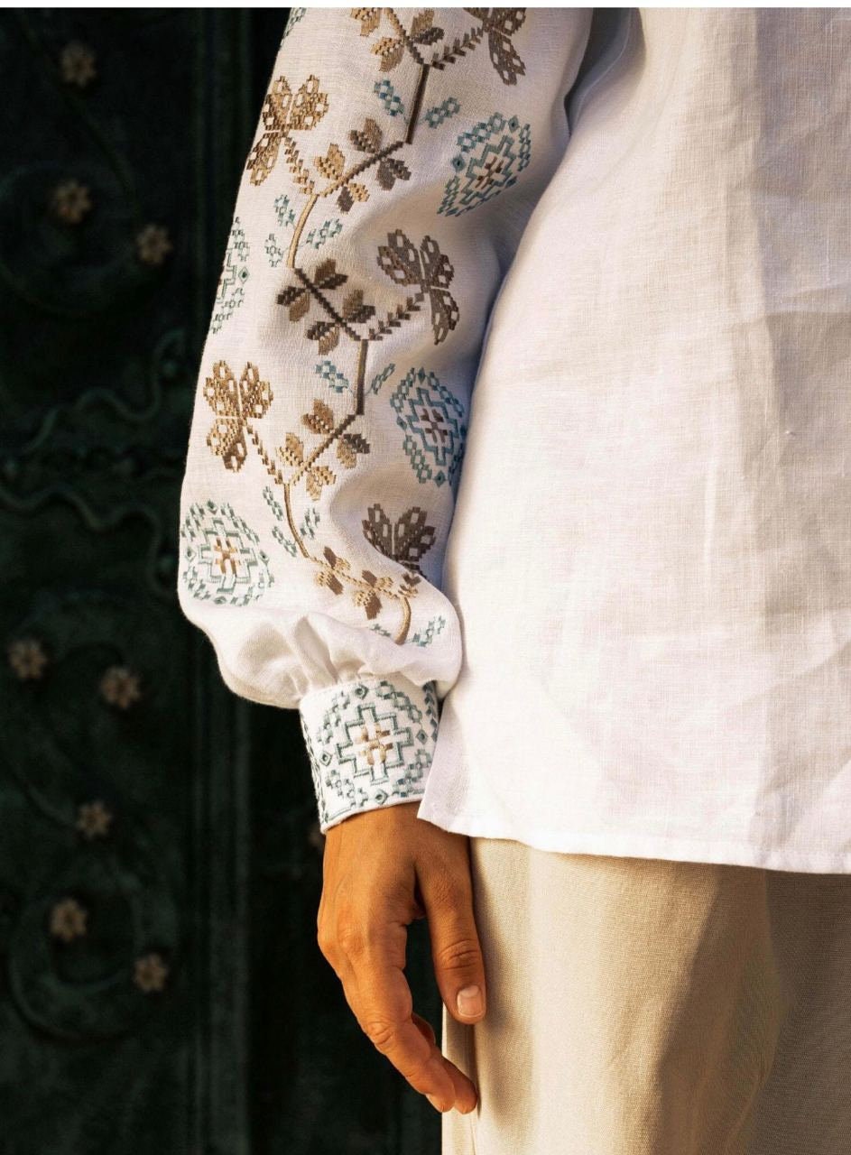 Embroidered Poltava Vyshyvanka Blouse - White Linen Women's Top