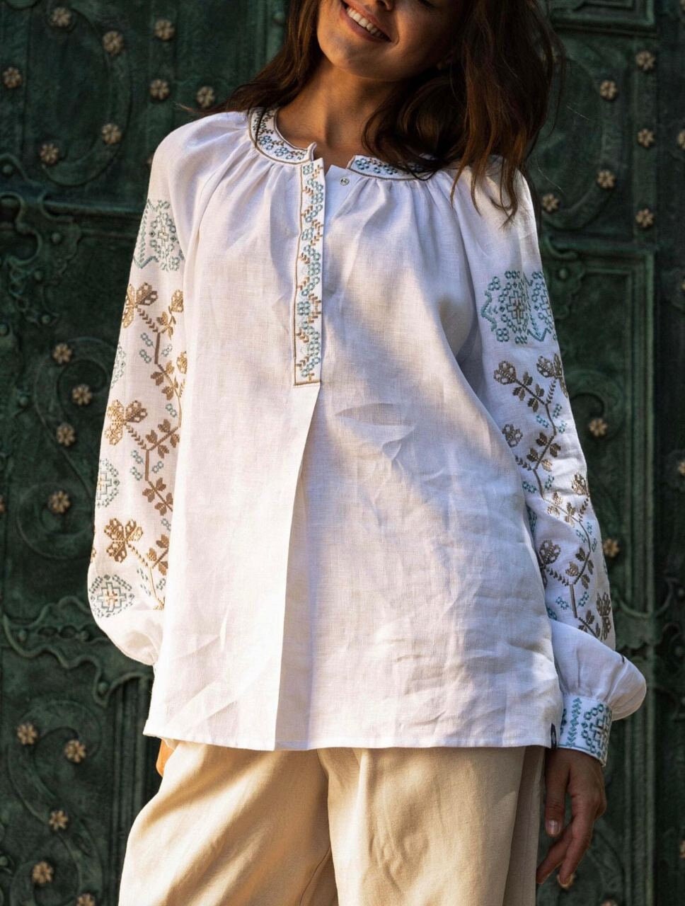 Embroidered Poltava Vyshyvanka Blouse - White Linen Women's Top
