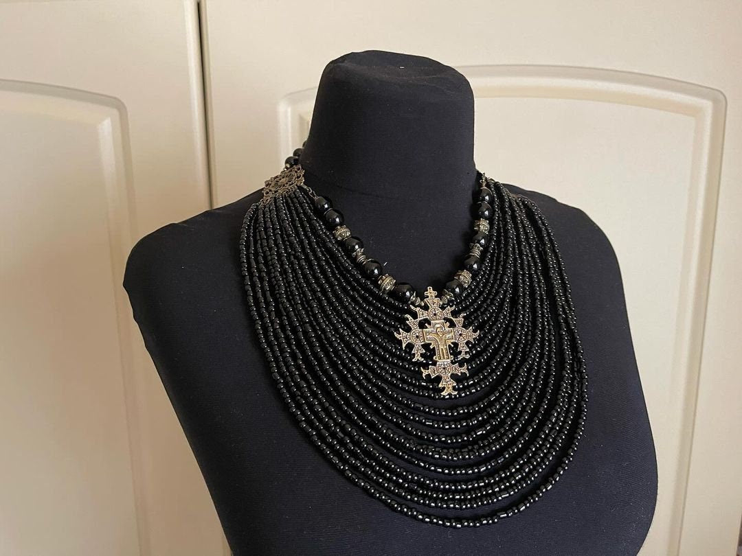 2025 Black Ukrainian Traditional necklace Jewelry Ethnic Multirow Necklace of antique glass beads with contempt Gift for HerMOTHERS DAY