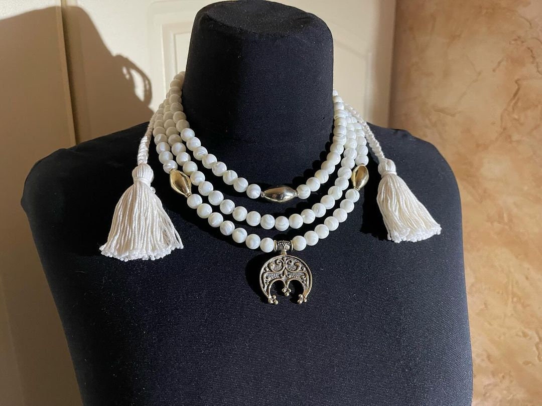 2025 Ukrainian Traditional Mother of Pearl Necklace - Hand-Cast White Bronze Moon Jewelry
