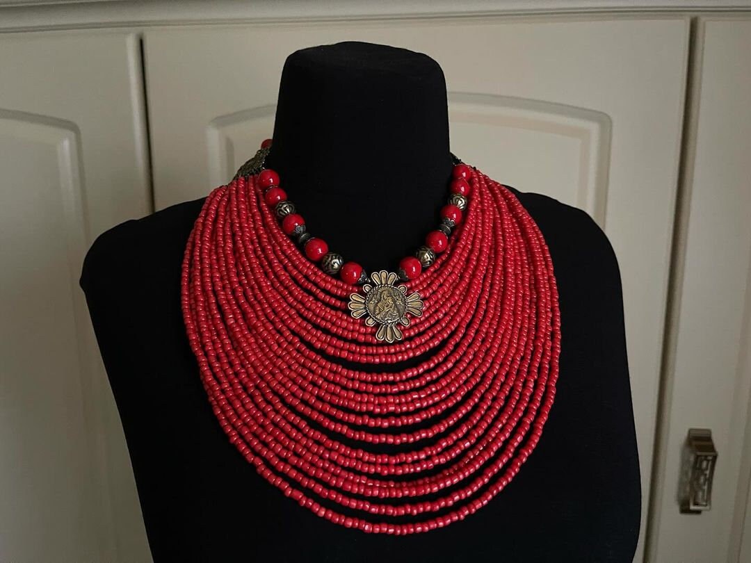Red Ukrainian Traditional Multirow Necklace of Pressed Coral,Ethnic Jewelry for Mother's Day