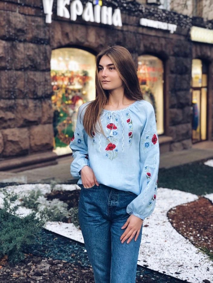 Women's Blue Ukrainian Embroidered Vyshyvanka Linen Shirt - Spring Floral Ethnic Blouse