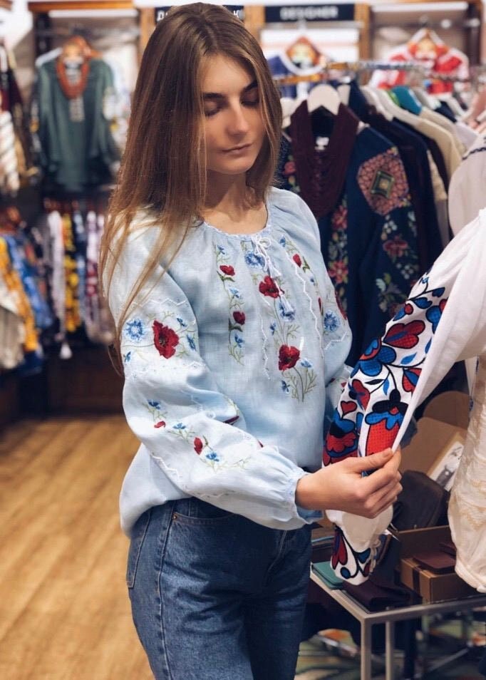 Women's Blue Ukrainian Embroidered Vyshyvanka Linen Shirt - Spring Floral Ethnic Blouse