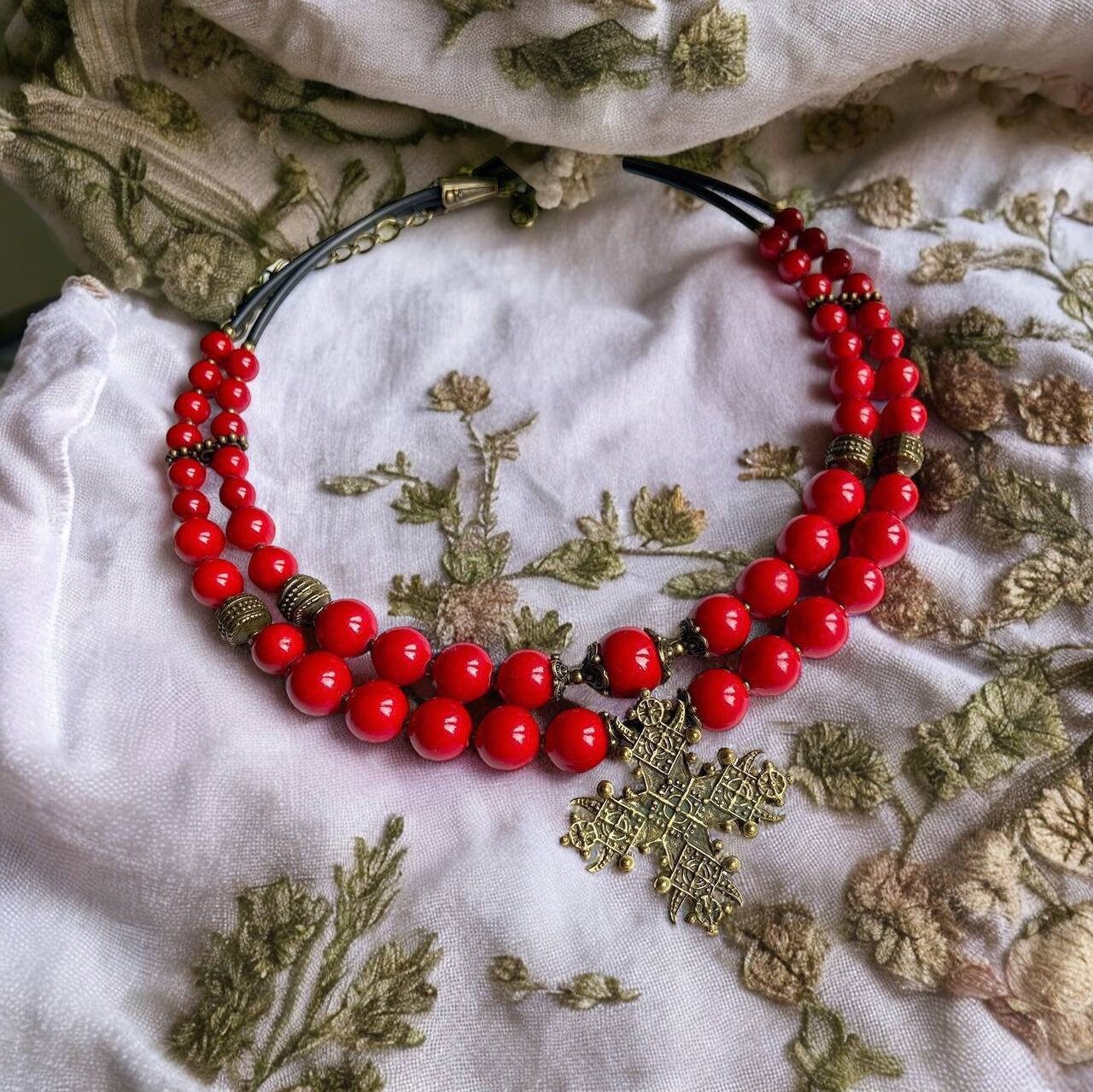 Ukrainian Pearl Cross Necklace – Handmade Red Long Necklace in Traditional Style