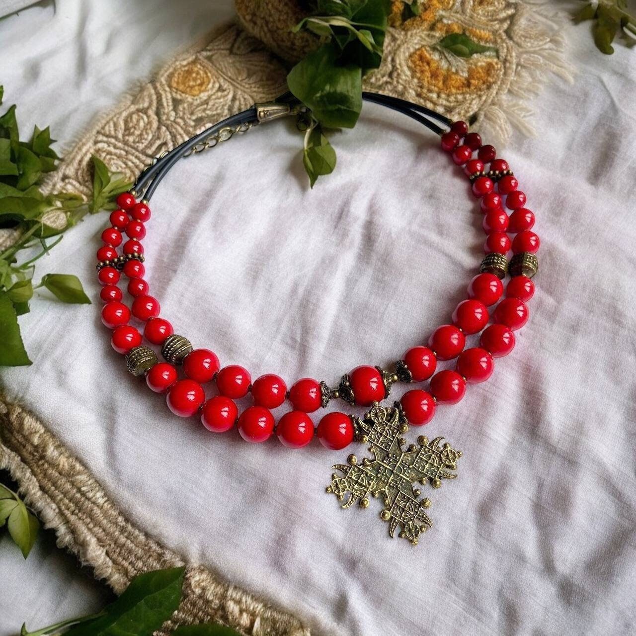 Ukrainian Pearl Cross Necklace – Handmade Red Long Necklace in Traditional Style