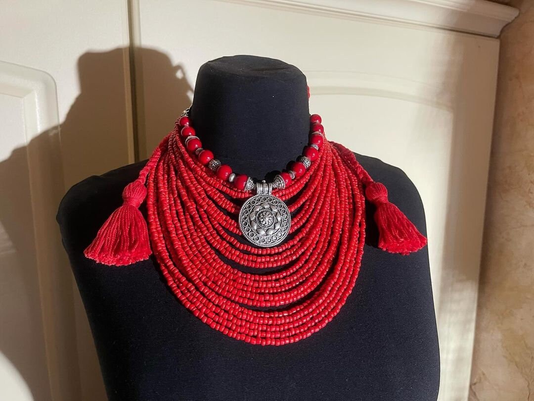 Red Ukrainian Woman Necklace - Beaded Traditional Jewelry
