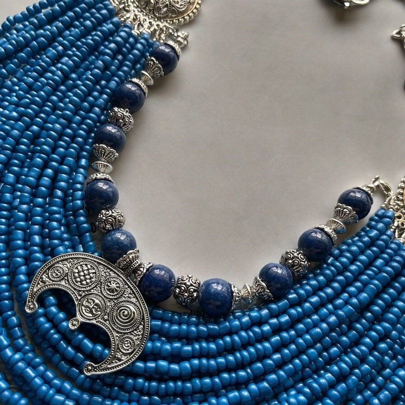 Blue Ukrainian Traditional Beaded Necklace - Ethnic Multirow Jewelry with Antique Glass Beads